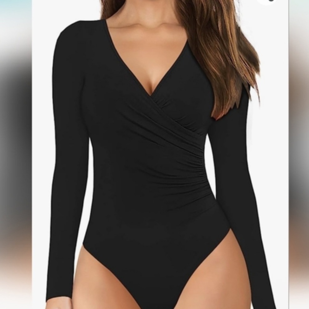 MangoPop Black Ruched Wrap Bodysuit size Small